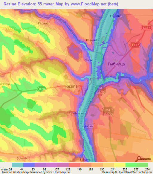 Rezina,Moldova Elevation Map