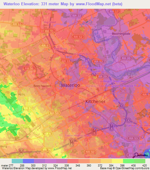 Waterloo,Canada Elevation Map