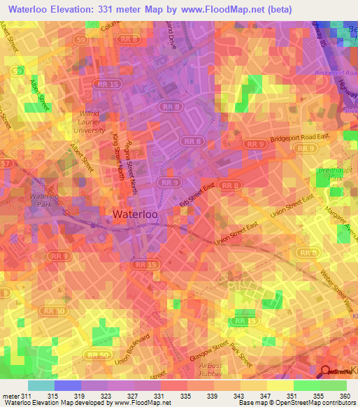 Waterloo,Canada Elevation Map