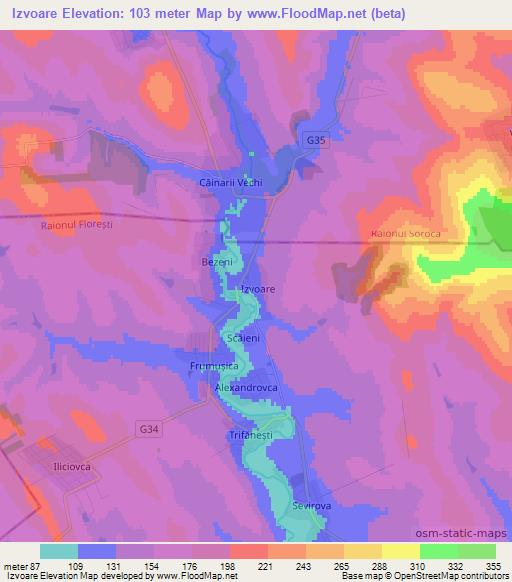 Izvoare,Moldova Elevation Map