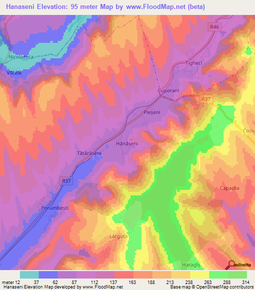 Hanaseni,Moldova Elevation Map