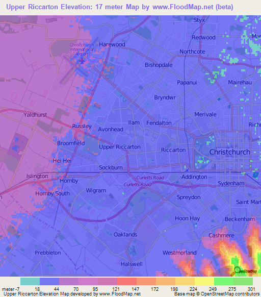 Upper Riccarton,New Zealand Elevation Map