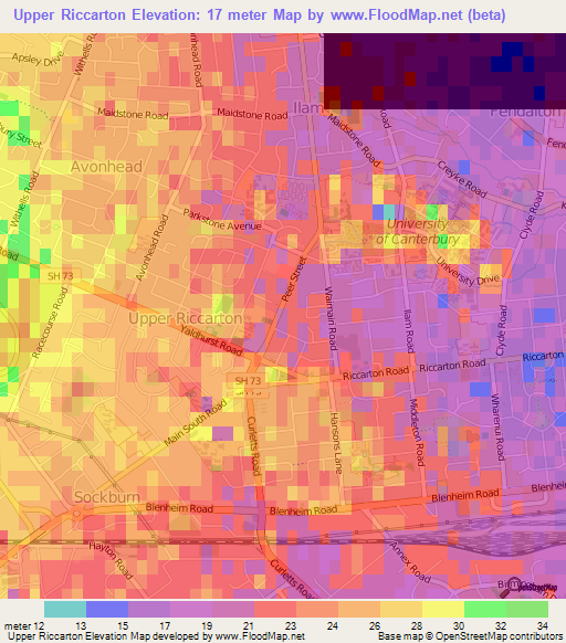 Upper Riccarton,New Zealand Elevation Map