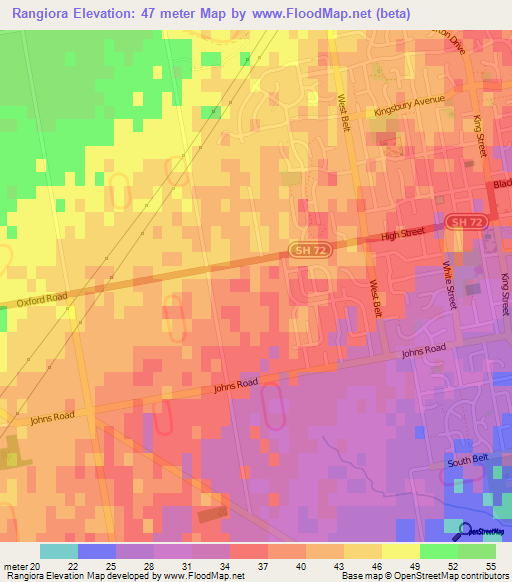 Rangiora,New Zealand Elevation Map