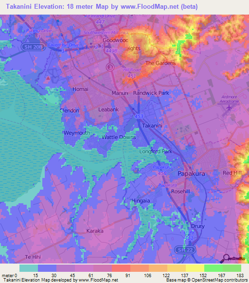 Takanini,New Zealand Elevation Map