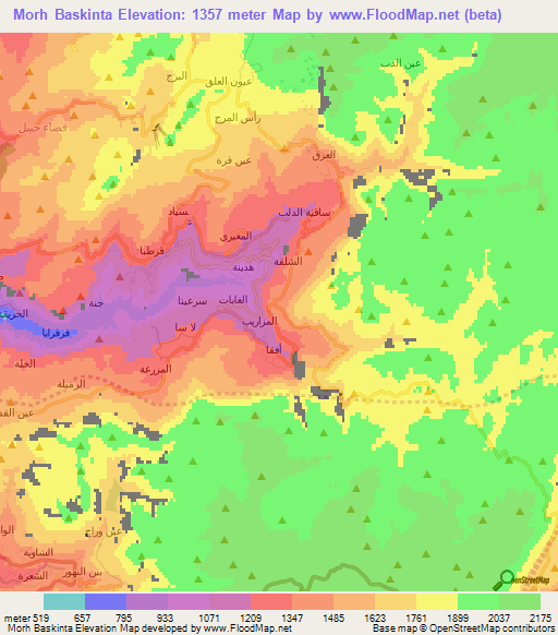 Morh Baskinta,Lebanon Elevation Map