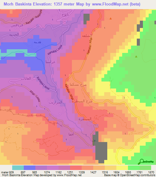 Morh Baskinta,Lebanon Elevation Map