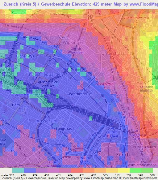 Zuerich (Kreis 5) / Gewerbeschule,Switzerland Elevation Map