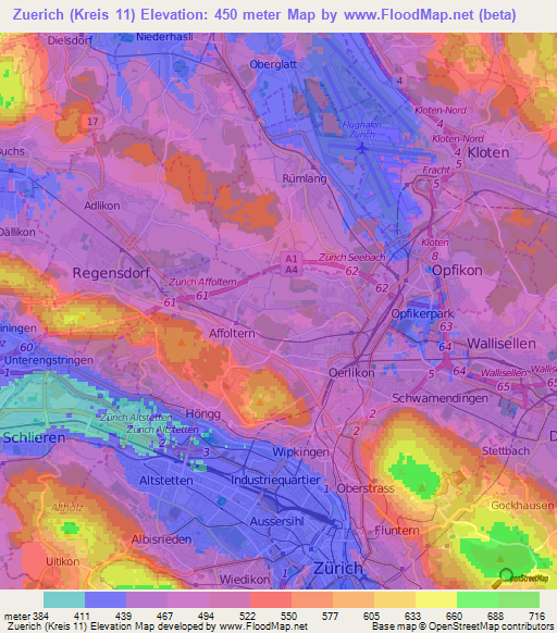 Zuerich (Kreis 11),Switzerland Elevation Map