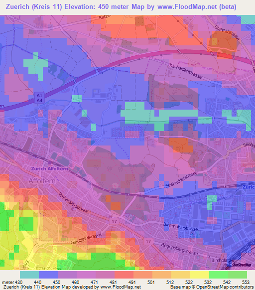 Zuerich (Kreis 11),Switzerland Elevation Map