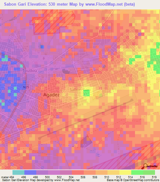 Sabon Gari,Niger Elevation Map