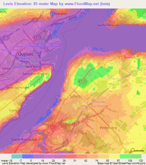 Levis,Canada Elevation Map