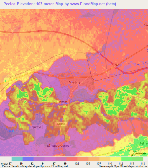 Pecica,Romania Elevation Map