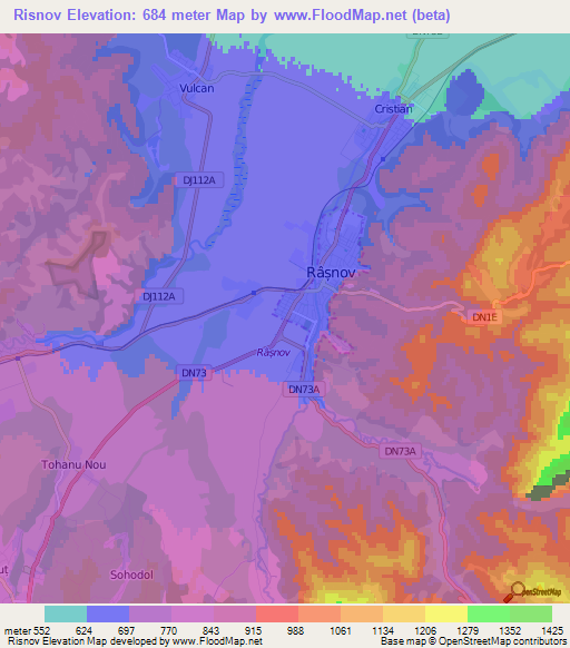 Risnov,Romania Elevation Map