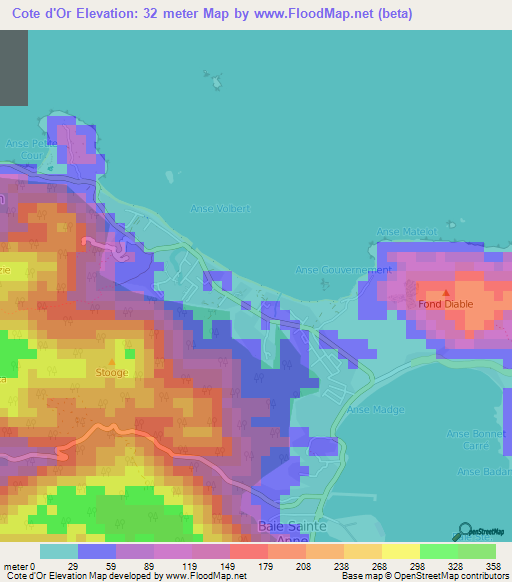 Cote d'Or,Seychelles Elevation Map