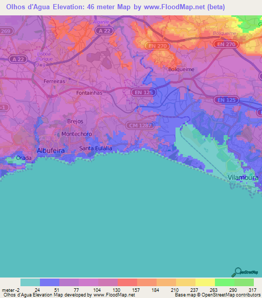 Olhos d'Agua,Portugal Elevation Map