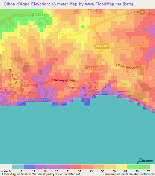 Olhos d'Agua,Portugal Elevation Map