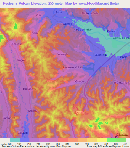 Elevation of Pesteana Vulcan,Romania Elevation Map, Topography, Contour