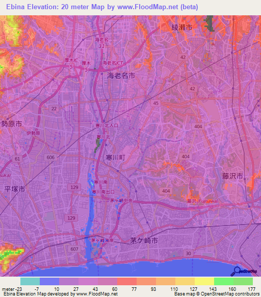 Ebina,Japan Elevation Map