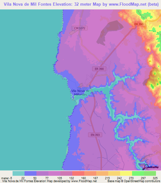 Vila Nova de Mil Fontes,Portugal Elevation Map