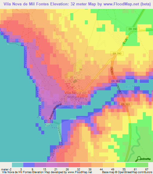 Vila Nova de Mil Fontes,Portugal Elevation Map