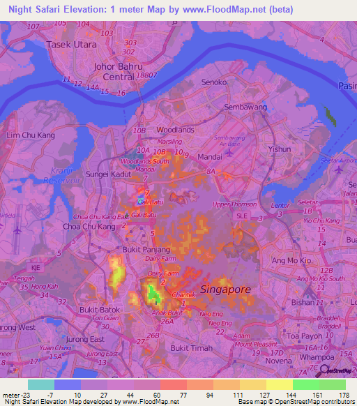 Night Safari,Singapore Elevation Map