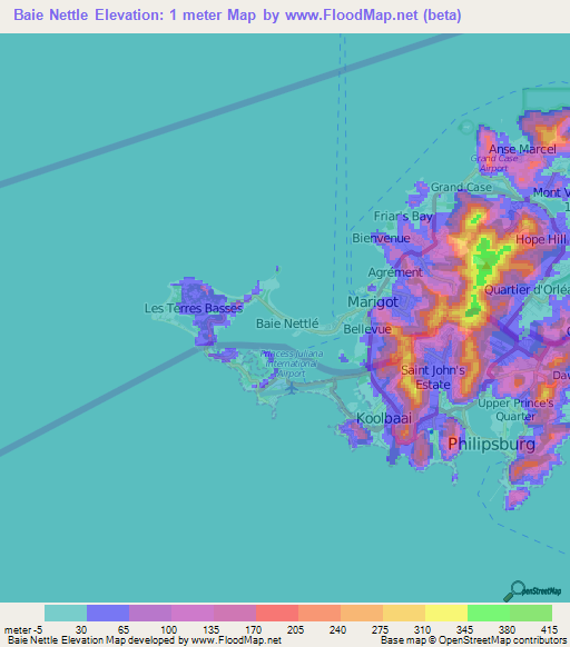 Baie Nettle,Saint Martin Elevation Map