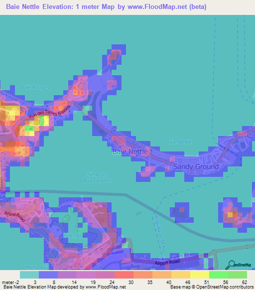 Baie Nettle,Saint Martin Elevation Map