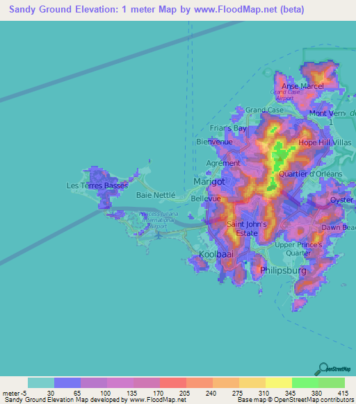 Sandy Ground,Saint Martin Elevation Map