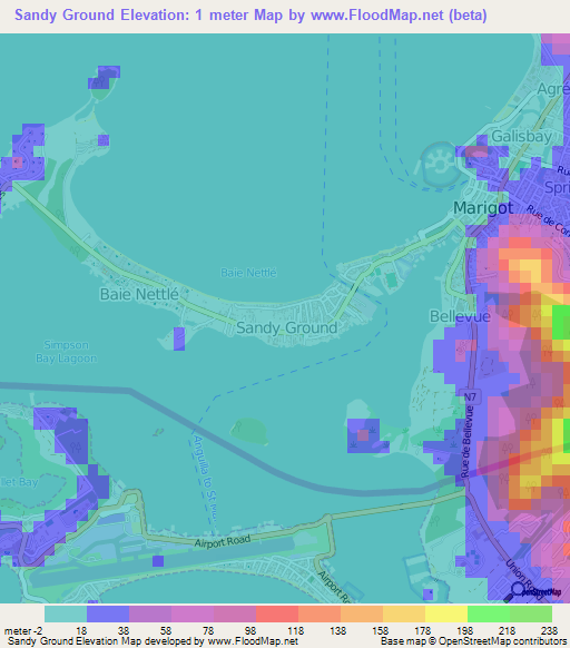 Sandy Ground,Saint Martin Elevation Map