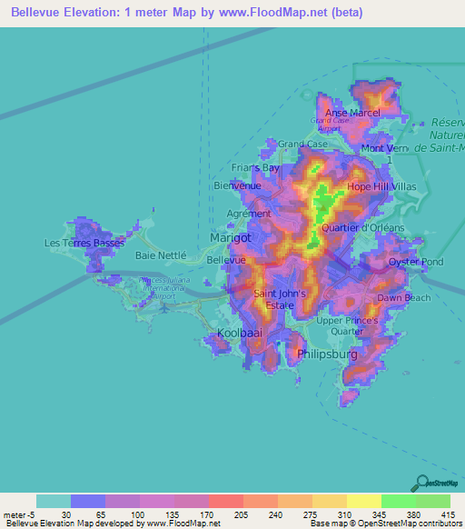 Bellevue,Saint Martin Elevation Map