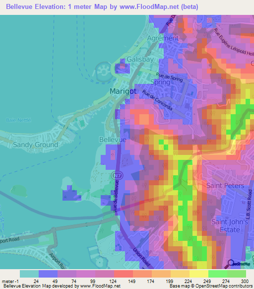 Bellevue,Saint Martin Elevation Map