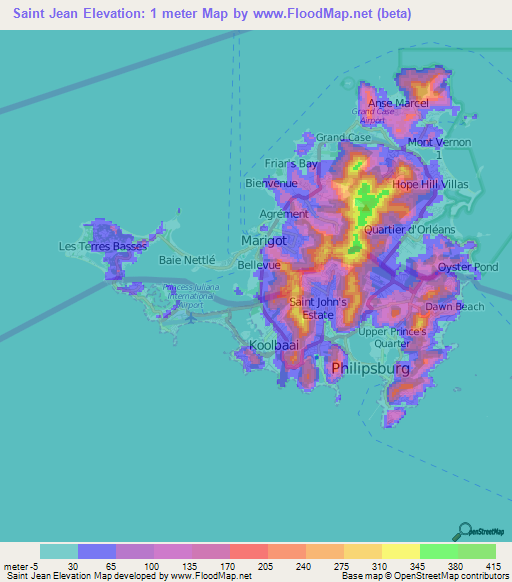 Saint Jean,Saint Martin Elevation Map