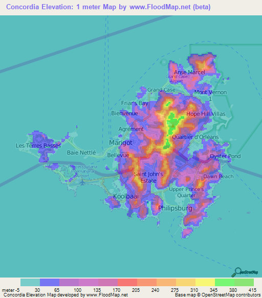 Concordia,Saint Martin Elevation Map