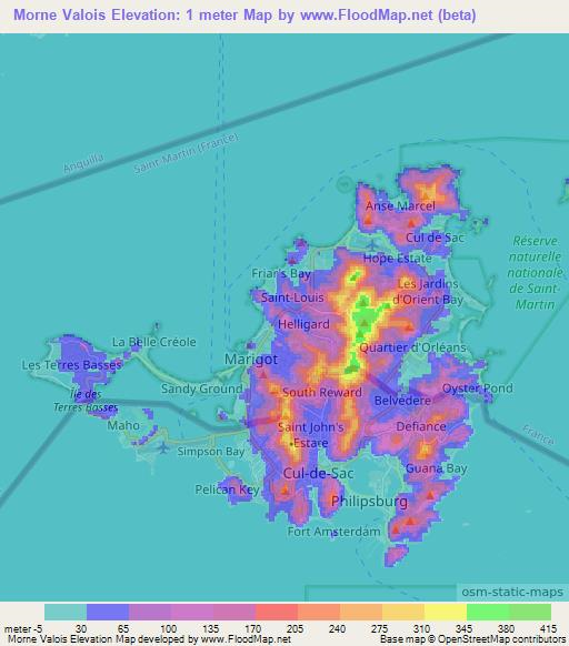 Morne Valois,Saint Martin Elevation Map