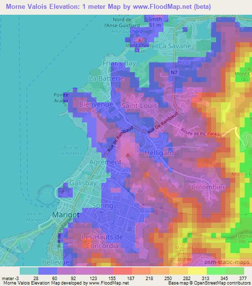 Morne Valois,Saint Martin Elevation Map