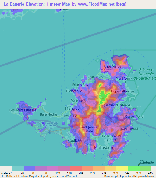 La Batterie,Saint Martin Elevation Map