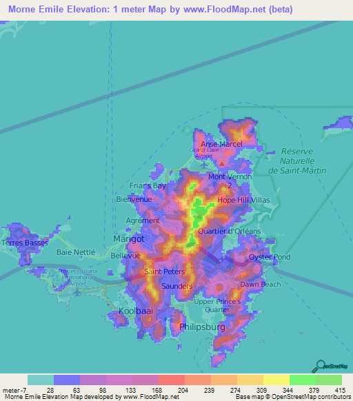 Morne Emile,Saint Martin Elevation Map