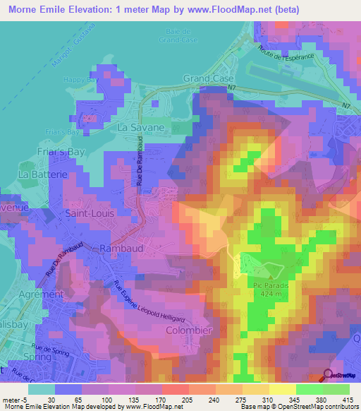 Morne Emile,Saint Martin Elevation Map