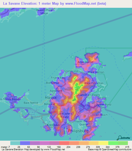 La Savane,Saint Martin Elevation Map