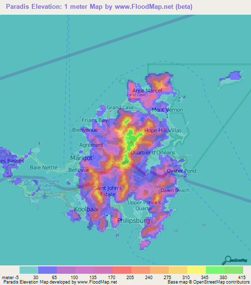 Paradis,Saint Martin Elevation Map