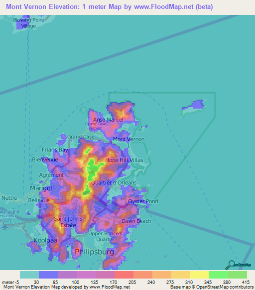 Mont Vernon,Saint Martin Elevation Map