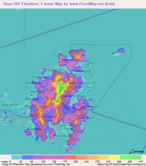 Hope Hill,Saint Martin Elevation Map