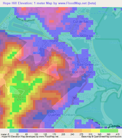 Hope Hill,Saint Martin Elevation Map