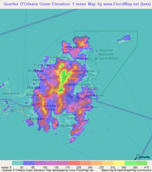 Quartier D'Orleans Ouest,Saint Martin Elevation Map