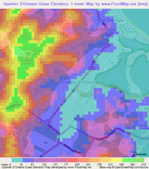 Quartier D'Orleans Ouest,Saint Martin Elevation Map