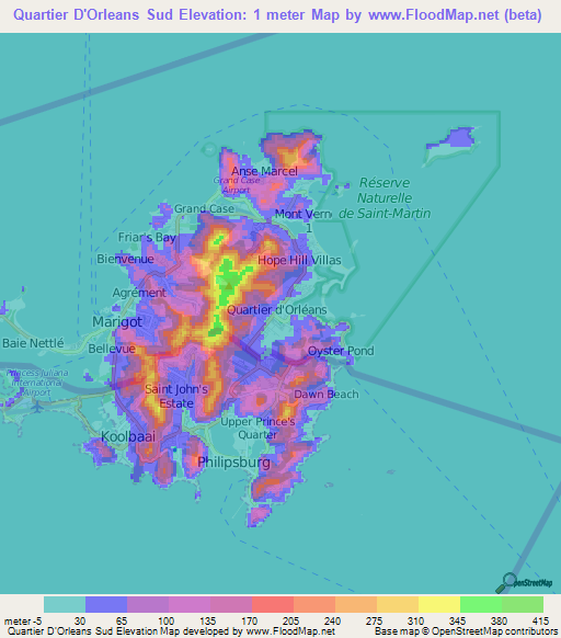 Quartier D'Orleans Sud,Saint Martin Elevation Map