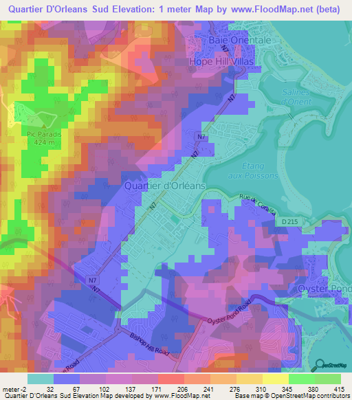 Quartier D'Orleans Sud,Saint Martin Elevation Map