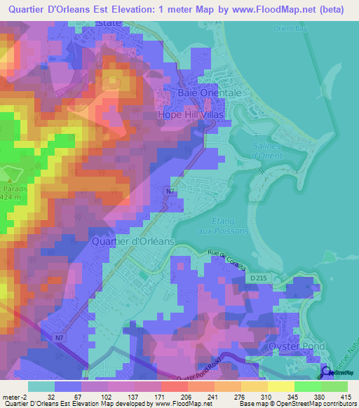 Quartier D'Orleans Est,Saint Martin Elevation Map