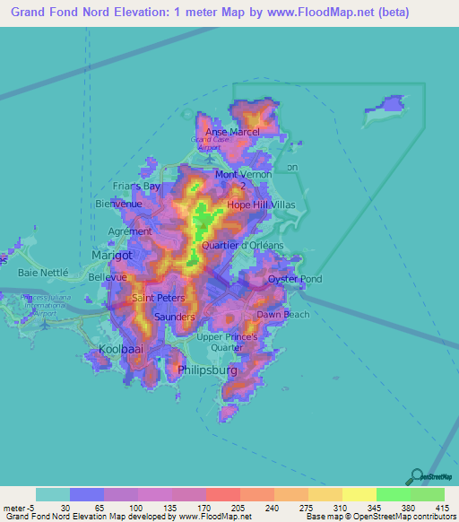 Grand Fond Nord,Saint Martin Elevation Map